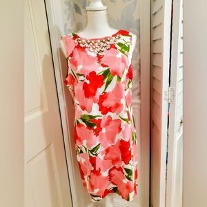 Ruby Rd. Pink and Red Floral Dress with Embellished Neckline 16P